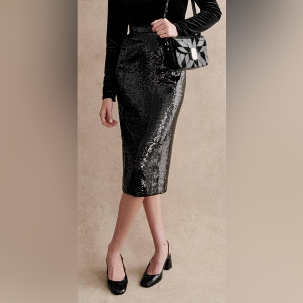 Sezane Jupe Magalia Noir Sequin Midi Skirt Hi-Waist Back Vent Black Size 2 NWT